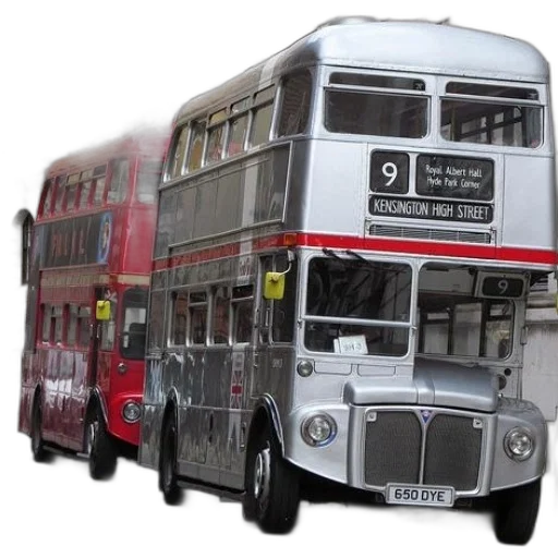 3d render, photorealistic, two, double, decker, buses, one, red transparent PNG cut-out