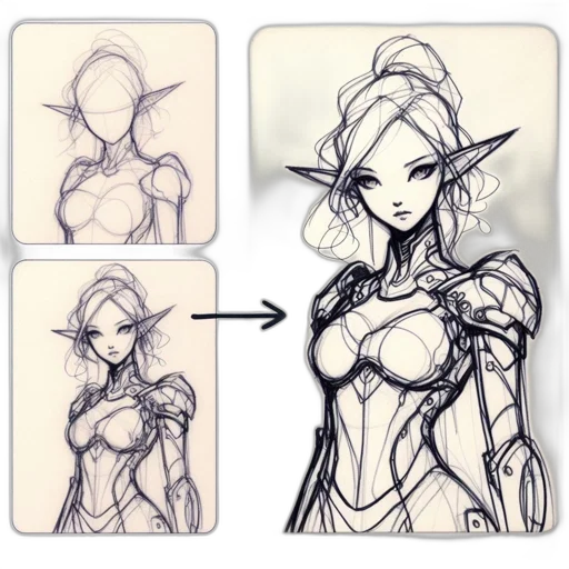 concept art, fantasy art, comic book art, anime, monochrome, evolving, illustration, portrays transparent PNG cut-out