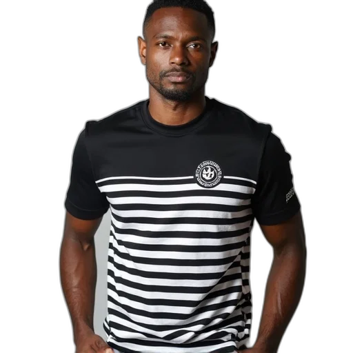 monochrome, man, wearing, black, white, striped, t-shirt, circular transparent PNG cut-out