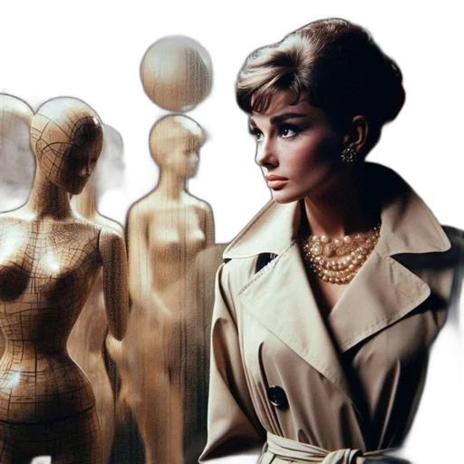 jewelry, photorealistic, earth tones, golden, elegant, woman, beige, trench transparent PNG cut-out