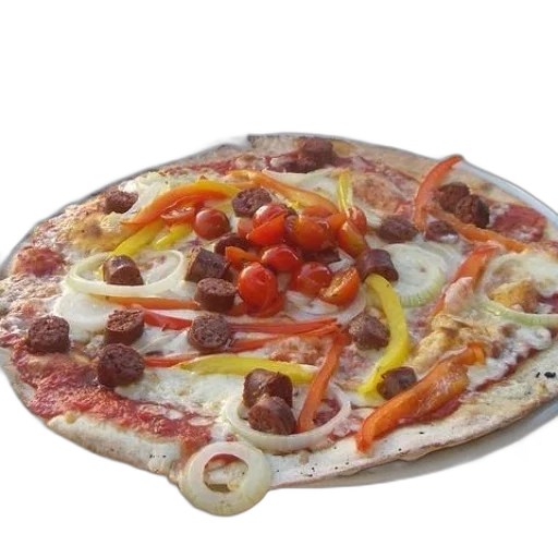 food, 3d render, photorealistic, pizza, onions, peppers, sausage, white transparent PNG cut-out