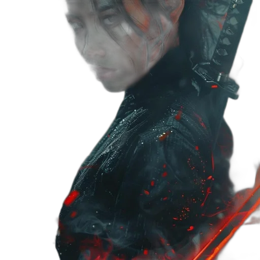 sword, jacket, face, weapon, cyberpunk, concept art, 3d render, photorealistic transparent PNG cut-out