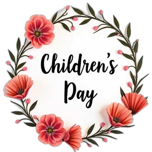 children, day, lettering, flowers, wreath, frame transparent PNG cut-out