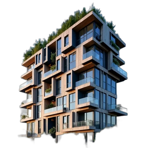 building, 3d render, photorealistic, concept art, earth tones, modern, apartment, unique transparent PNG cut-out