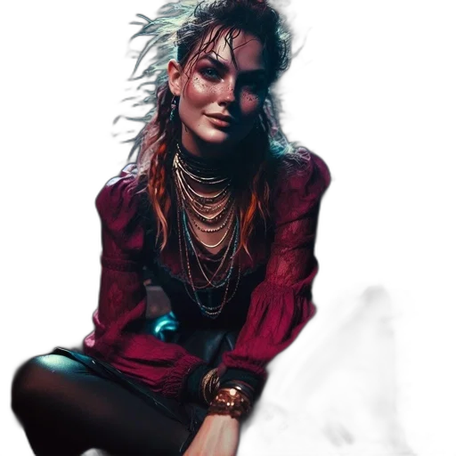 jewelry, jacket, face, cyberpunk, concept art, photorealistic, fantasy art, dark transparent PNG cut-out