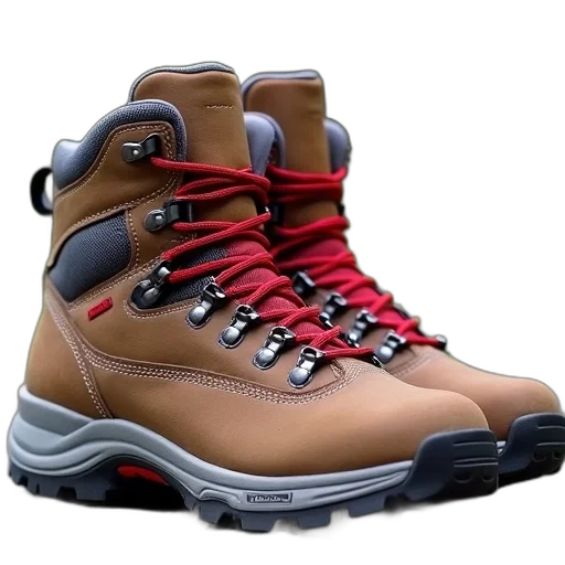 shoes, 3d render, photorealistic, pair, brown, hiking, boots, red transparent PNG cut-out