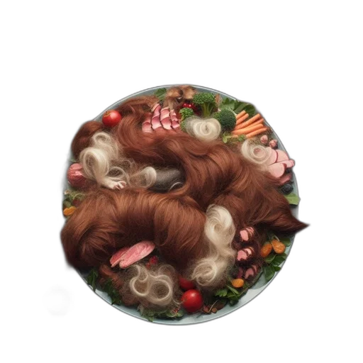 hair, crown, hat, food, photorealistic, oil painting, earth tones, unusual transparent PNG cut-out