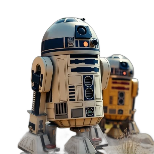 robot, 3d render, concept art, photorealistic, pixel art, star, wars, c3r2 transparent PNG cut-out