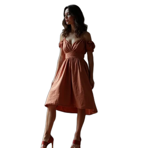 dress, shoes, photorealistic, 3d render, concept art, earth tones, red, picture transparent PNG cut-out