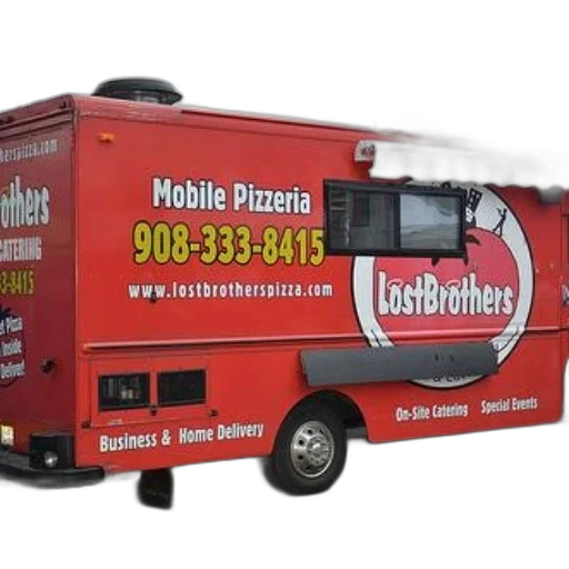red, food, truck, lost, brothers, mobile, pizzeria, written transparent PNG cut-out
