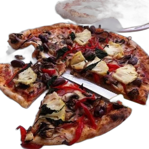 food, 3d render, photorealistic, delicious, pizza, mushrooms, peppers, artichokes transparent PNG cut-out