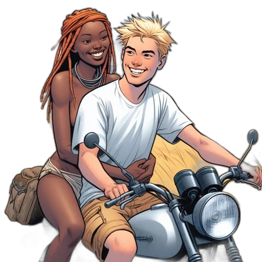 comic book art, concept art, cartoon, young, couple, motorcycle, savannah, setting transparent PNG cut-out