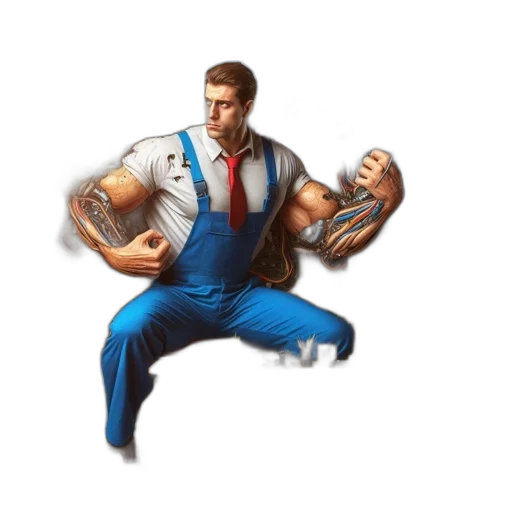 jacket, staff, robot, concept art, 3d render, pixel art, comic book art, man transparent PNG cut-out