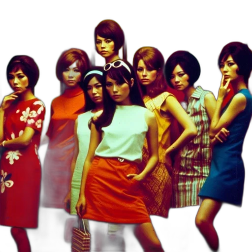 seven, women, 1960s, era, gather, together, clad, period transparent PNG cut-out