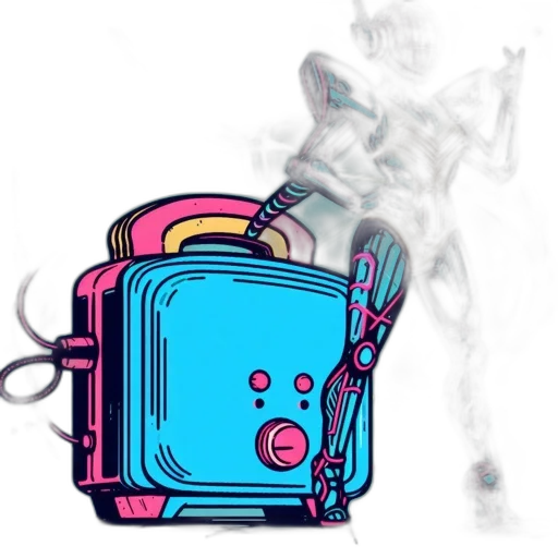 robot, staff, weapon, animal, vaporwave, concept art, cyberpunk, cartoon transparent PNG cut-out