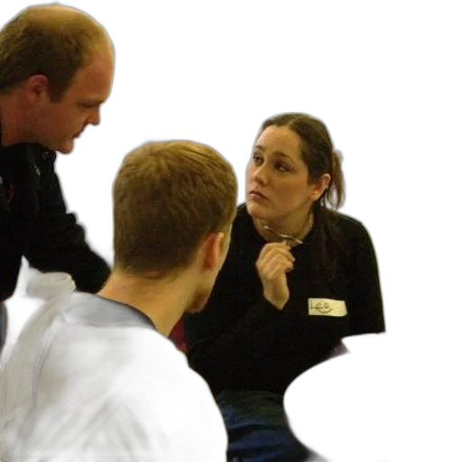 staff, woman, black, shirt, name, tag, sitting, table transparent PNG cut-out