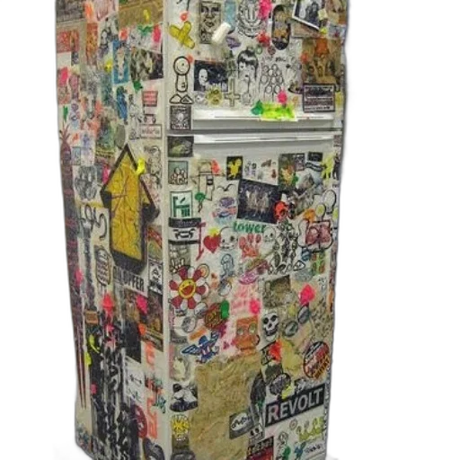 furniture, robot, jacket, refrigerator, covered, colorful, stickers, graffiti transparent PNG cut-out