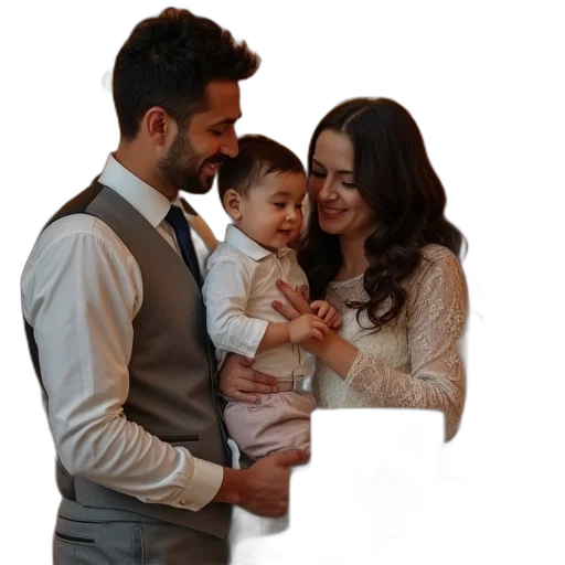 mother, father, holding, their, baby, boy, front, cake transparent PNG cut-out