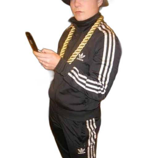 hat, jacket, staff, weapon, person, adidas, tracksuit, holds transparent PNG cut-out