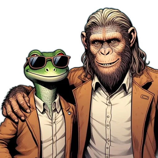 jacket, animal, comic book art, concept art, photorealistic, two, anthropomorphized, characters transparent PNG cut-out