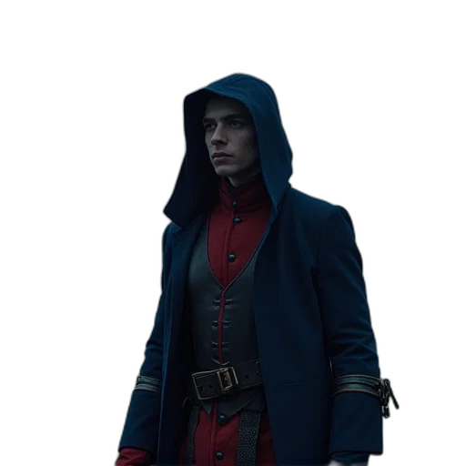 jacket, staff, sword, weapon, concept art, 3d render, pixel art, comic book art transparent PNG cut-out