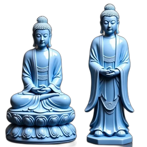 3d render, photorealistic, concept art, blue, pair, ceramic, statues, seated transparent PNG cut-out