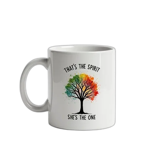 tree, white, mug, colorful, design, phrase, spirit, written transparent PNG cut-out