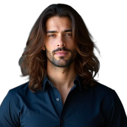 hair, jacket, face, staff, photorealistic, man, long, wavy transparent PNG cut-out