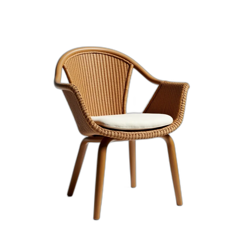 furniture, 3d render, photorealistic, modern, wicker, chair, curved, backrest transparent PNG cut-out