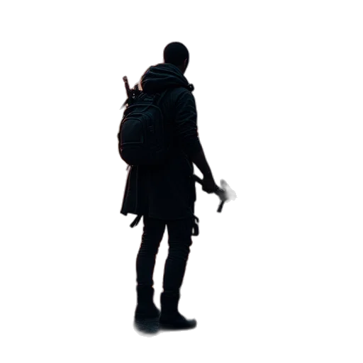 jacket, weapon, staff, umbrella, concept art, 3d render, pixel art, black transparent PNG cut-out