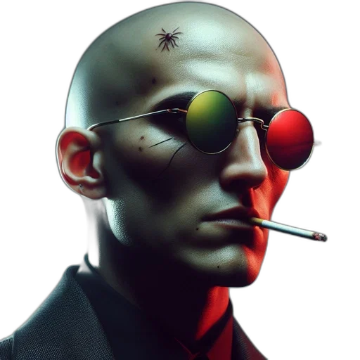 face, mask, staff, jacket, cyberpunk, comic book art, concept art, photorealistic transparent PNG cut-out