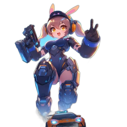 robot, weapon, staff, concept art, anime, pixel art, cyberpunk, blue transparent PNG cut-out