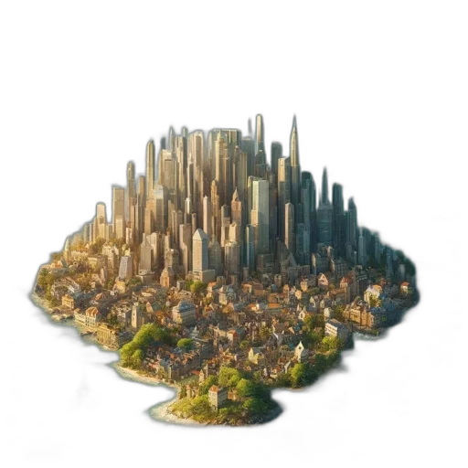 building, crown, 3d render, concept art, fantasy art, pixel art, fog, city street transparent PNG cut-out