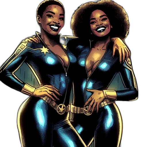 comic book art, concept art, cartoon, golden, two, women, wearing, shiny transparent PNG cut-out