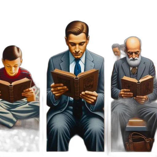 comic book art, concept art, oil painting, pixel art, three, men, read, books transparent PNG cut-out