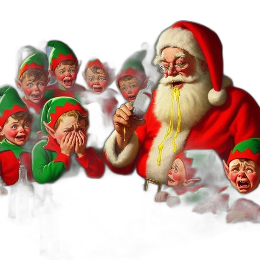 concept art, 3d render, photorealistic, festive, scene, santa, claus, elves transparent PNG cut-out