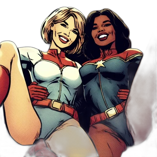 comic book art, concept art, cartoon, two, female, superheroes, one, white transparent PNG cut-out