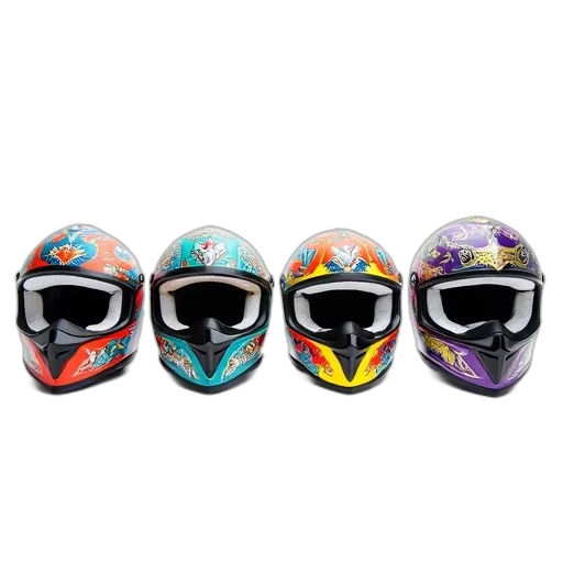mask, collection, four, colorful, motorcycle, helmets, displayed, against transparent PNG cut-out