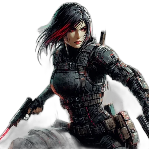 comic book art, concept art, cyberpunk, fantasy art, woman, dark, hair, red transparent PNG cut-out