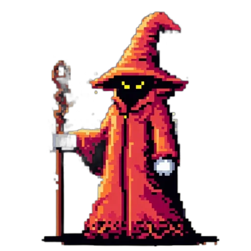 staff, hat, sword, pixel art, concept art, fantasy art, 3d render, fire transparent PNG cut-out
