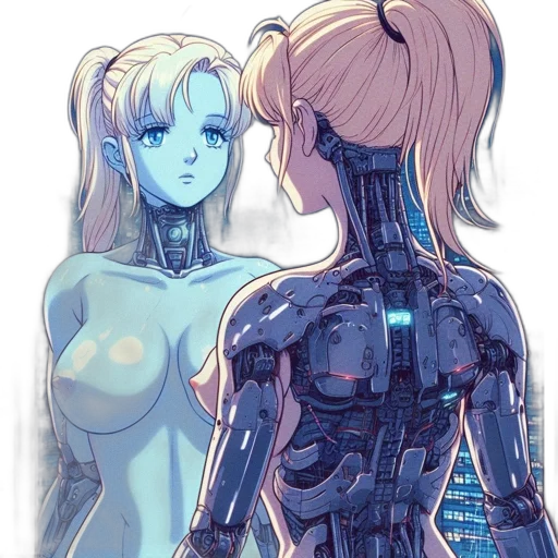 robot, dress, cyberpunk, concept art, anime, comic book art, outer space, neon lights transparent PNG cut-out