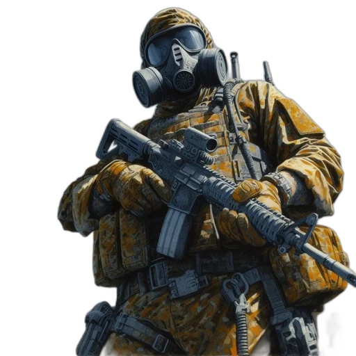jacket, weapon, mask, face, concept art, 3d render, photorealistic, pixel art transparent PNG cut-out