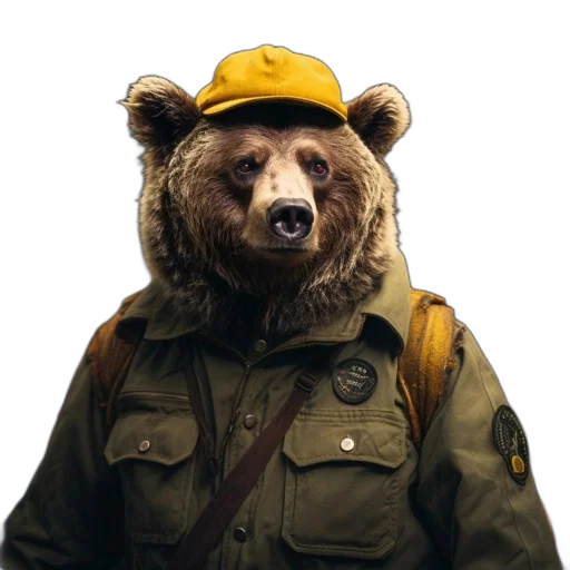 jacket, animal, hat, staff, concept art, photorealistic, 3d render, fantasy art transparent PNG cut-out