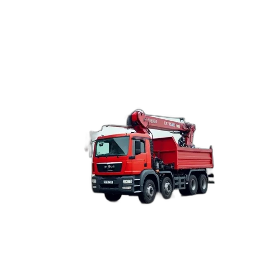 weapon, staff, 3d render, photorealistic, red, truck, crane, parked transparent PNG cut-out