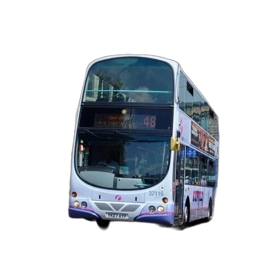 staff, 3d render, photorealistic, concept art, double-decker, bus, parked, front transparent PNG cut-out