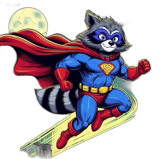 animal, comic book art, concept art, cartoon, fantasy art, raccoon, dresses, superhero transparent PNG cut-out