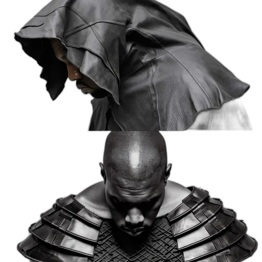 jacket, mask, sword, concept art, 3d render, fantasy art, photorealistic, monochrome transparent PNG cut-out