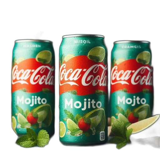 bottle, food, photorealistic, 3d render, three, mojito-labeled, coca-cola, cans transparent PNG cut-out