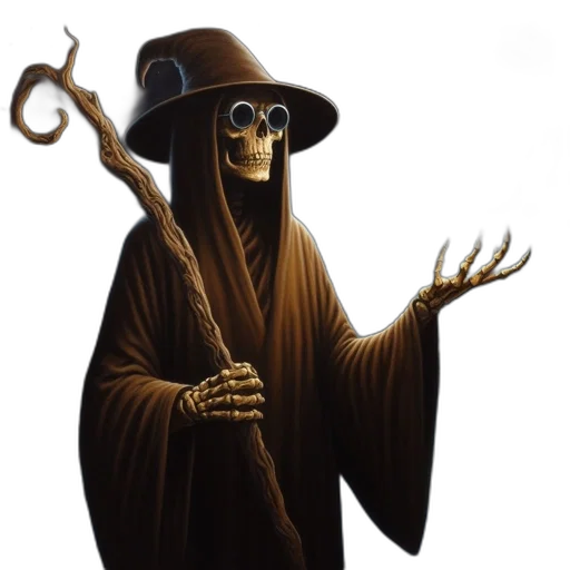 staff, hat, mask, creature, concept art, fantasy art, pixel art, skeletal transparent PNG cut-out