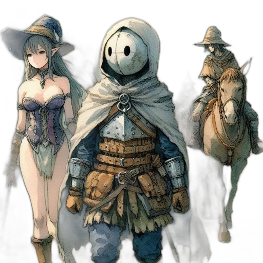 mask, dress, weapon, hat, concept art, fantasy art, comic book art, watercolor transparent PNG cut-out